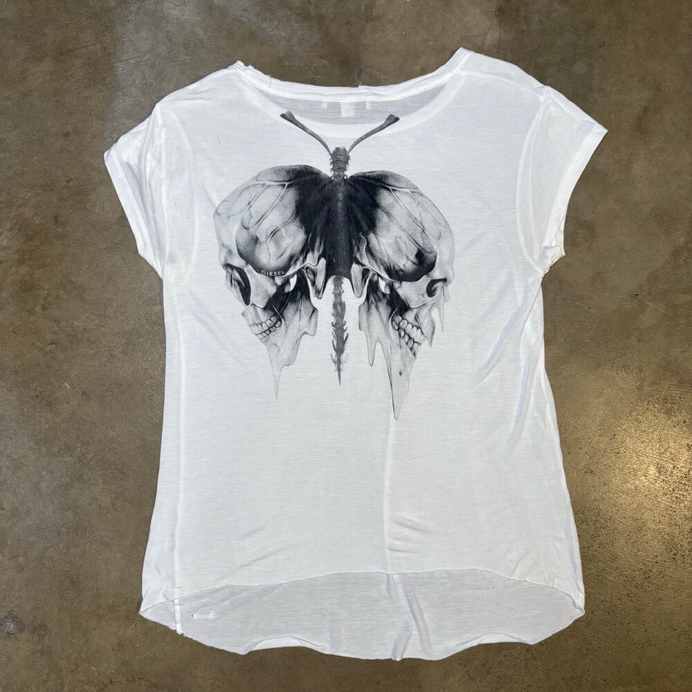 Vintage Diesel Womens Butterfly Skull Print T-shirt Size L
